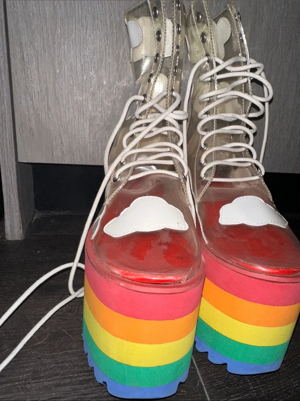 Current Mood Platform Lace-Up Boots - Clear Cloud Design with Rainbow Platform